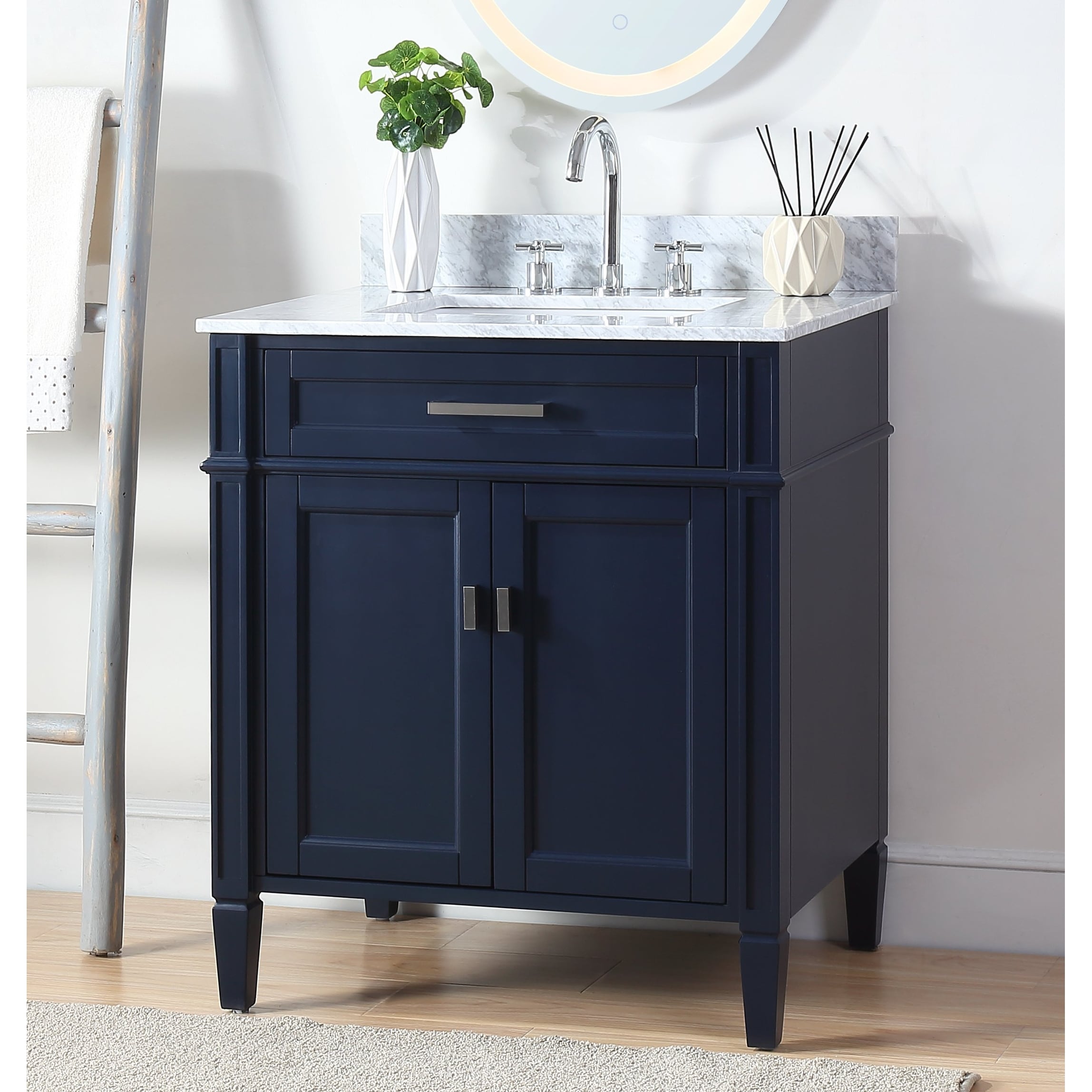 30" Striped Navy Blue Bathroom Vanity with White Ceramic Sink, Wall